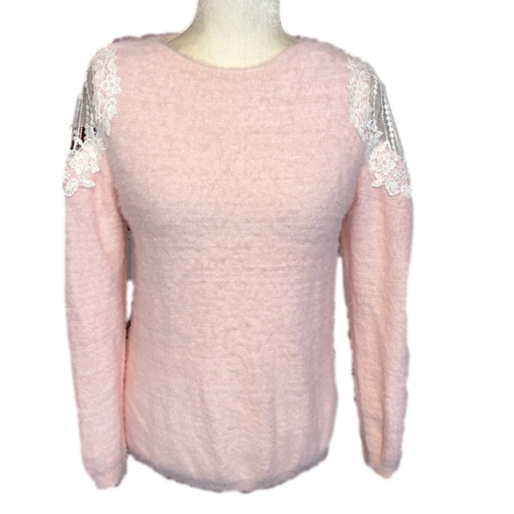 Pink Fuzzy Soft Sweater Lace Shoulders S